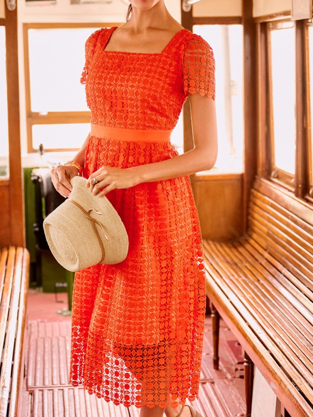 Talbots Bright Tangerine Orange Lace Fit & Flare Square Neck Dress - Size 10 NWT